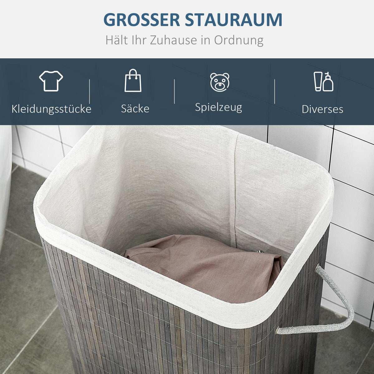 Bamboo Laundry Basket Slim with Lid 83L Laundry Hamper with Handles, Removable Laundry Bag, Laundry Baskets Laundry Sorter for Laundry Room Bathroom Bedroom Gray