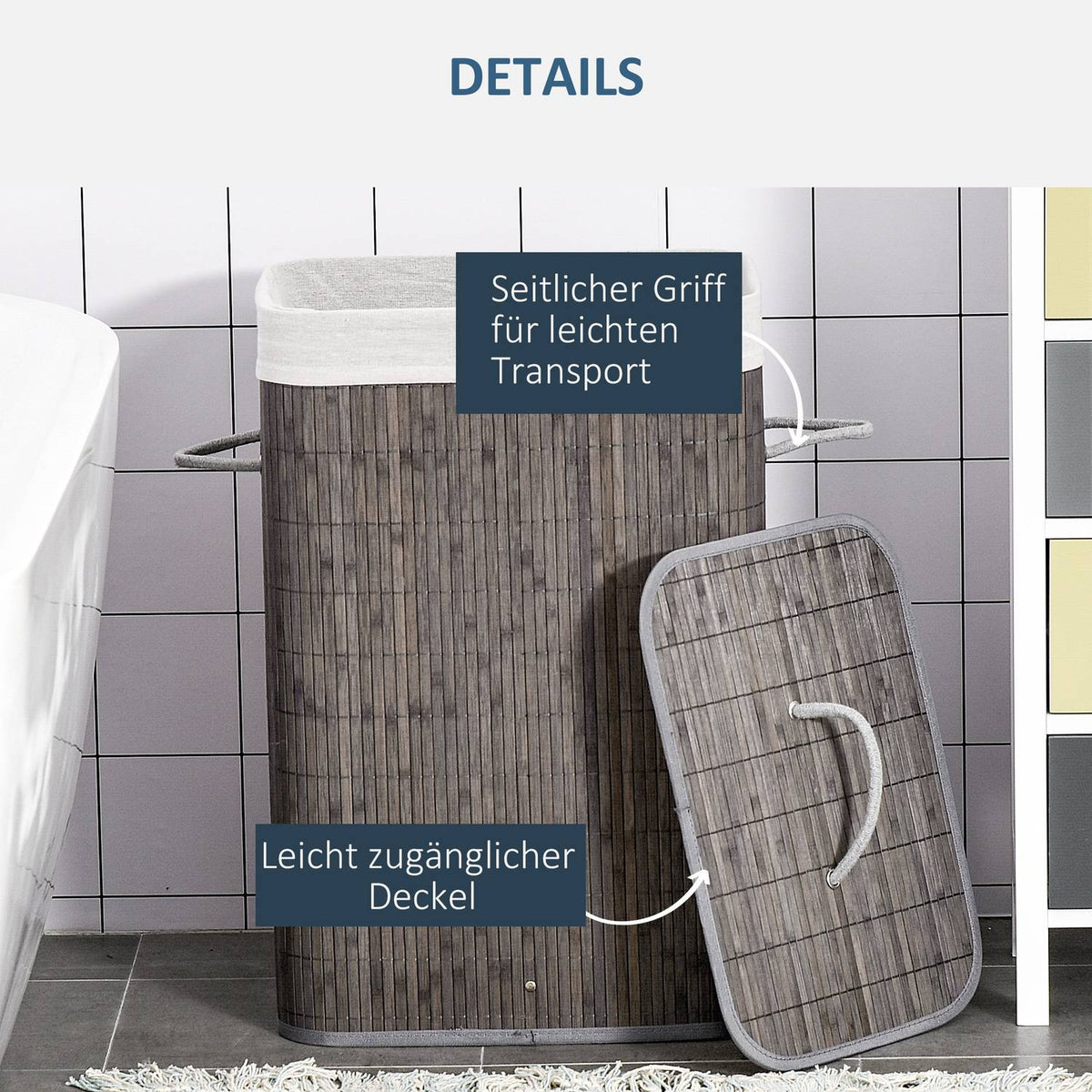 Bamboo Laundry Basket Slim with Lid 83L Laundry Hamper with Handles, Removable Laundry Bag, Laundry Baskets Laundry Sorter for Laundry Room Bathroom Bedroom Gray