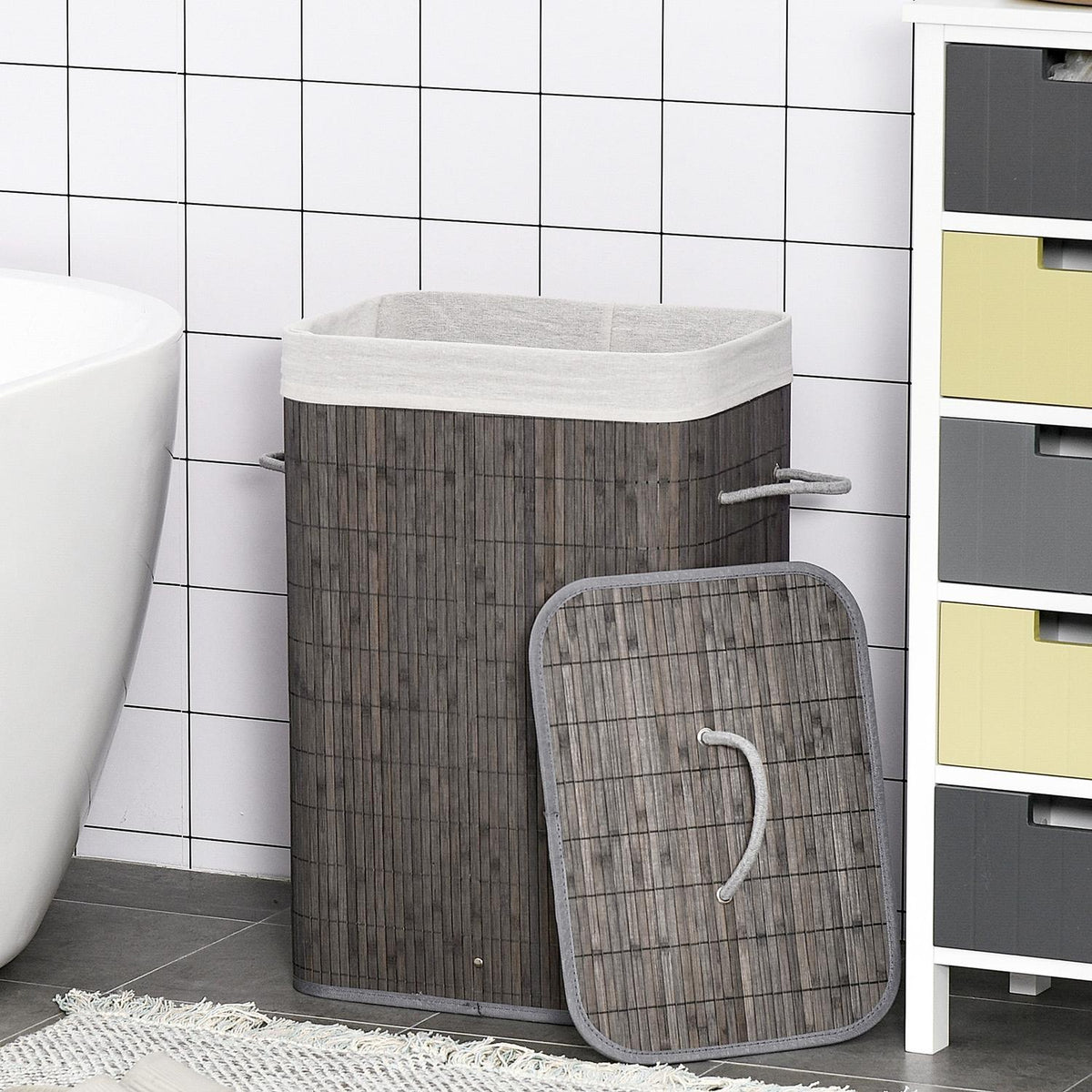 Bamboo Laundry Basket Slim with Lid 83L Laundry Hamper with Handles, Removable Laundry Bag, Laundry Baskets Laundry Sorter for Laundry Room Bathroom Bedroom Gray