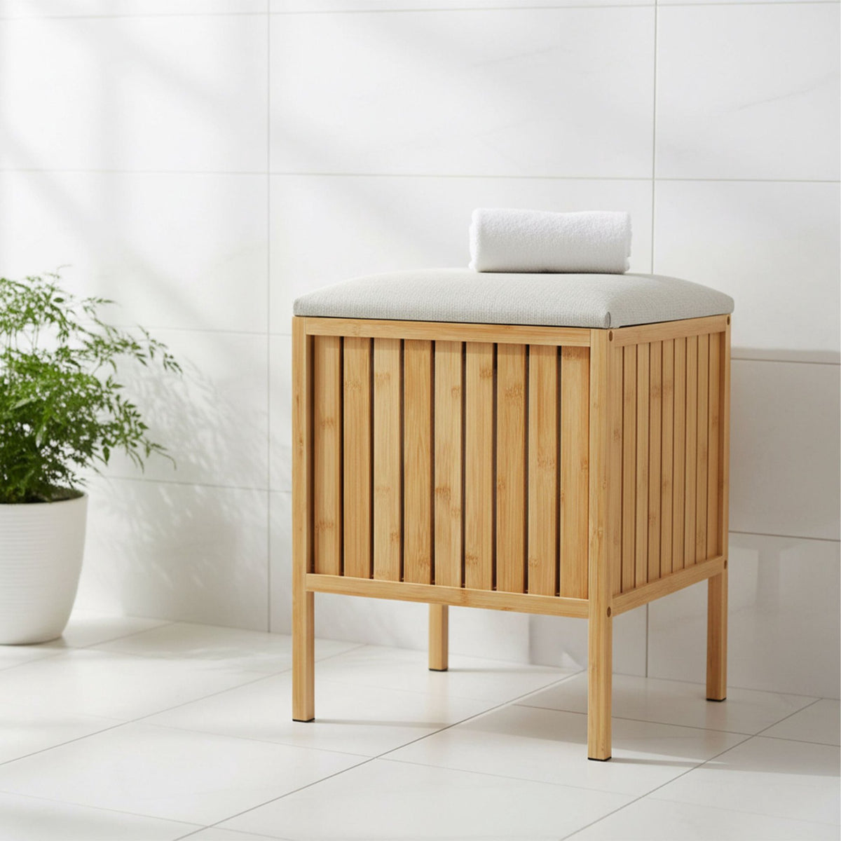 Bamboo Laundry Basket and Seat with Padded Lid