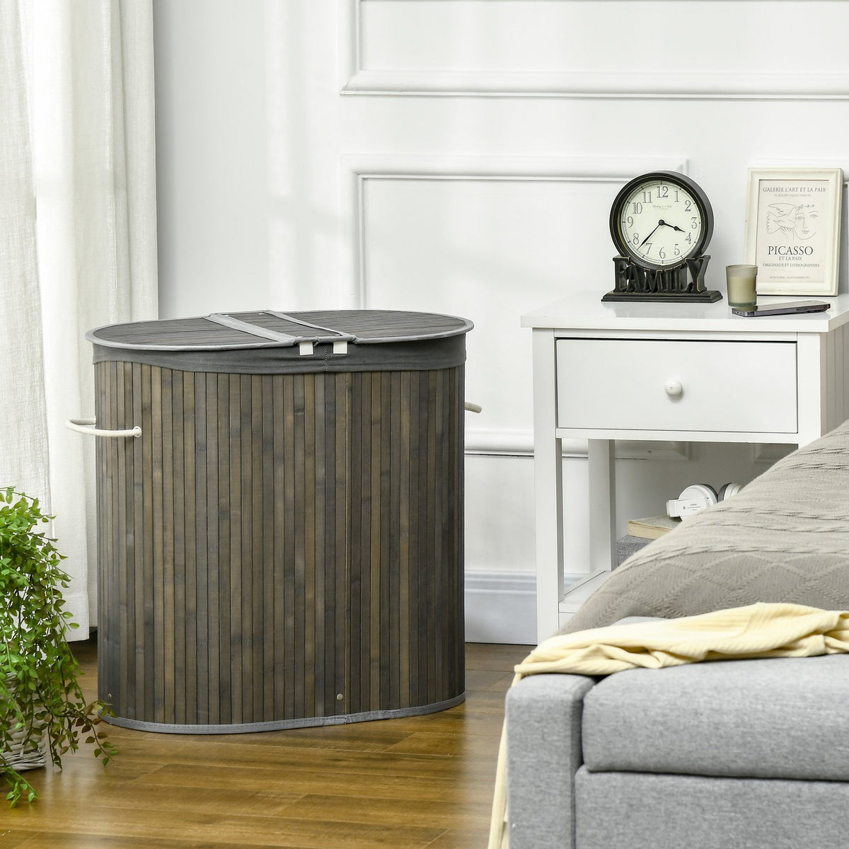 Bamboo Laundry Basket with Lid 100L Laundry Hamper with Handles, 2 Removable Laundry Bags, Laundry Sorter Laundry Box for Laundry Room, Bathroom, Bedroom, Gray