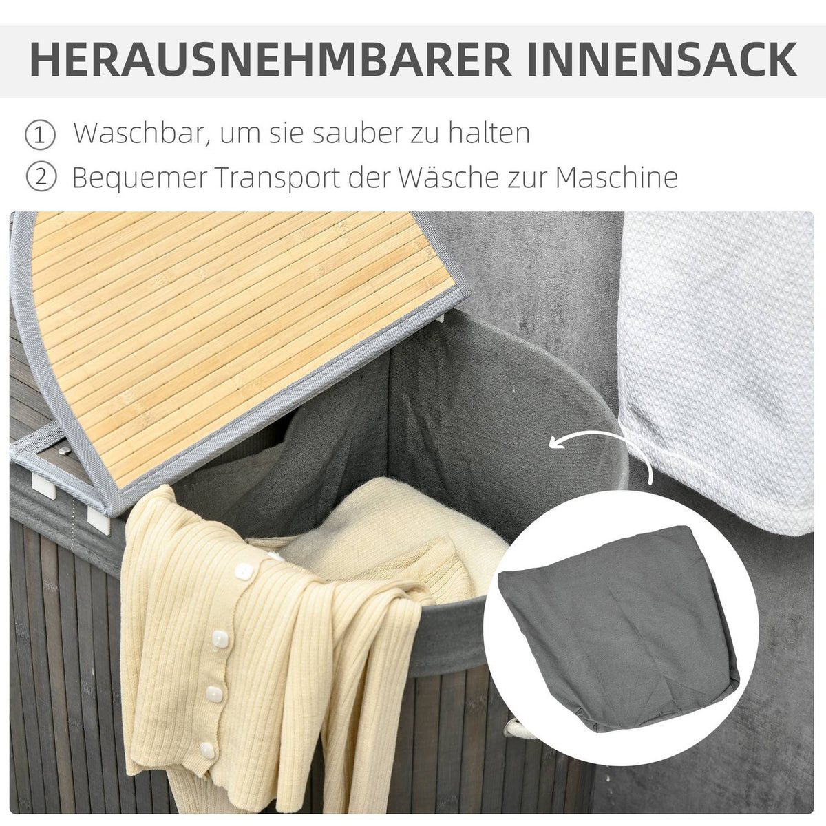 Bamboo Laundry Basket with Lid 100L Laundry Hamper with Handles, 2 Removable Laundry Bags, Laundry Sorter Laundry Box for Laundry Room, Bathroom, Bedroom, Gray