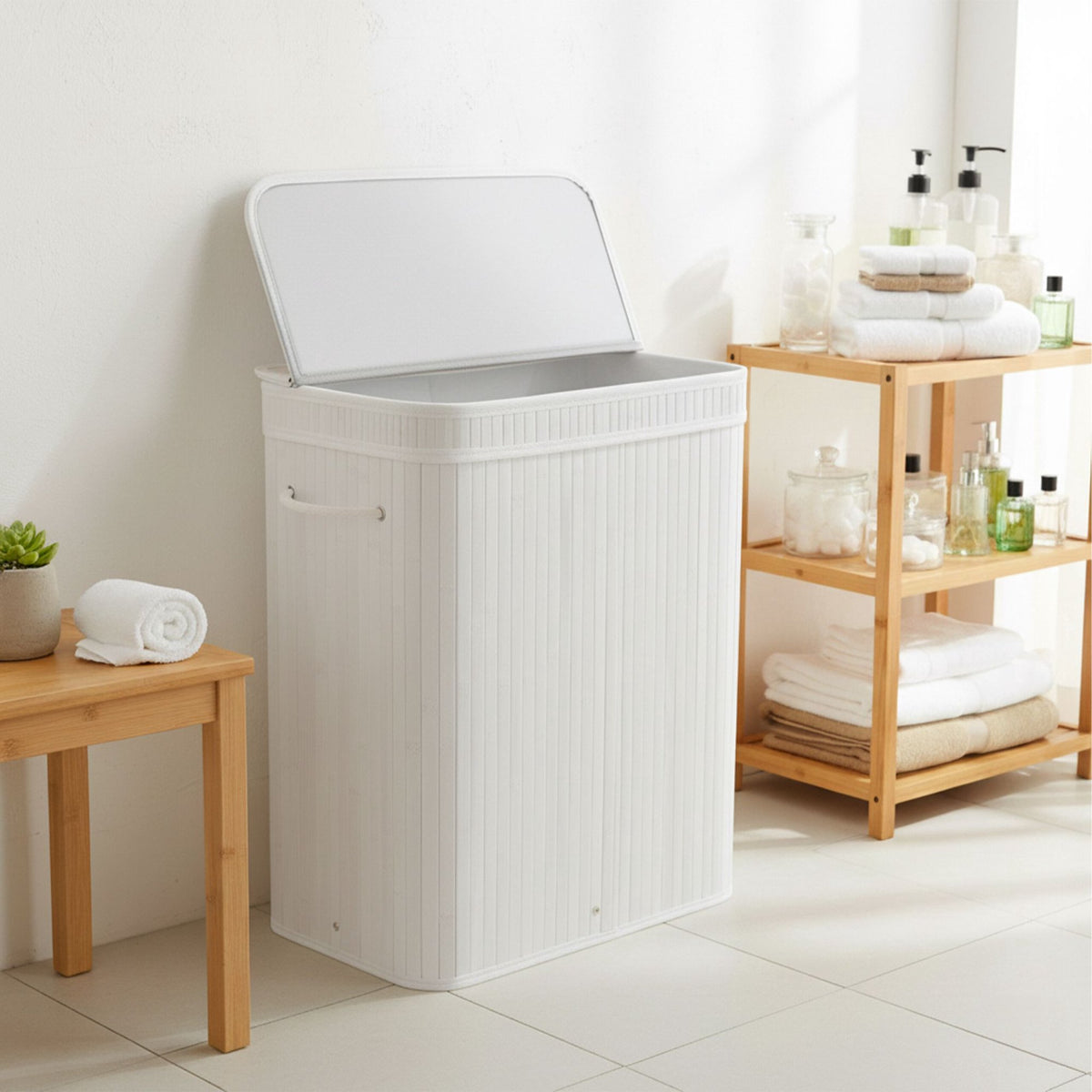 Bamboo Laundry Bin With Lid, Removable Washable Bag