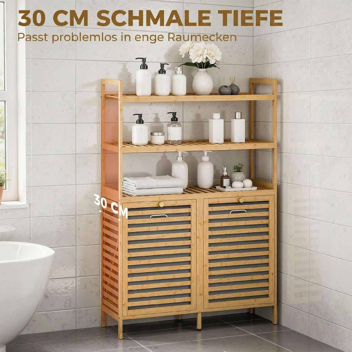 Bamboo Laundry Cabinet with Tilt Baskets and Shelves