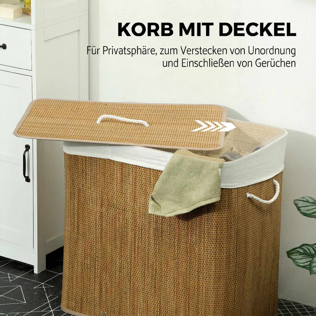 Bamboo Laundry Hamper With Lid, 3 Compartments, 144L