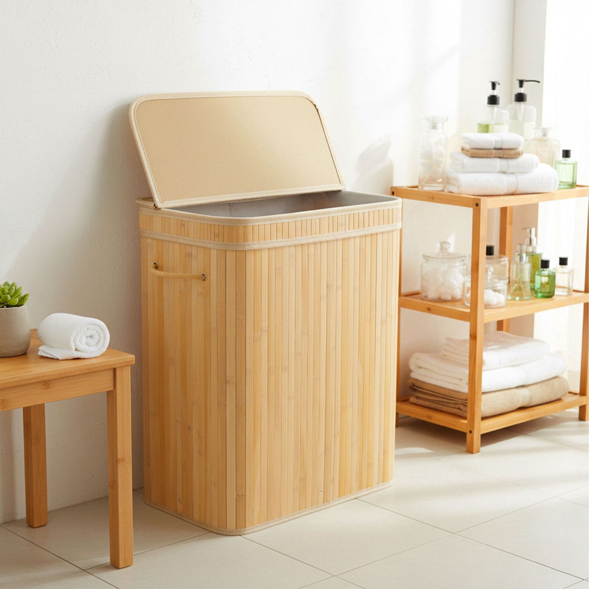 Bamboo Laundry Hamper With Lid, Removable Liner