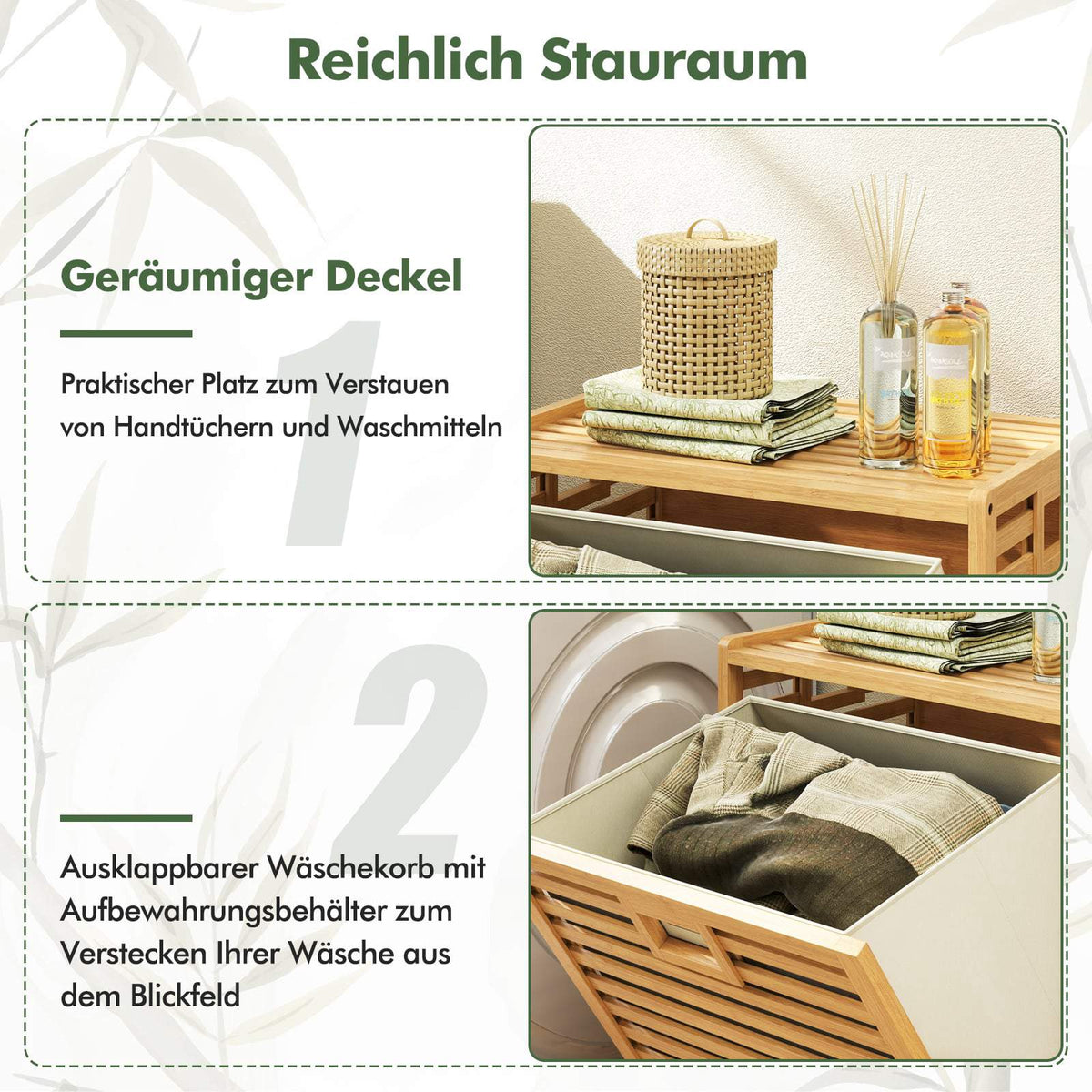 Bamboo Laundry Shelf with 68L Basket, 50x35x64 cm