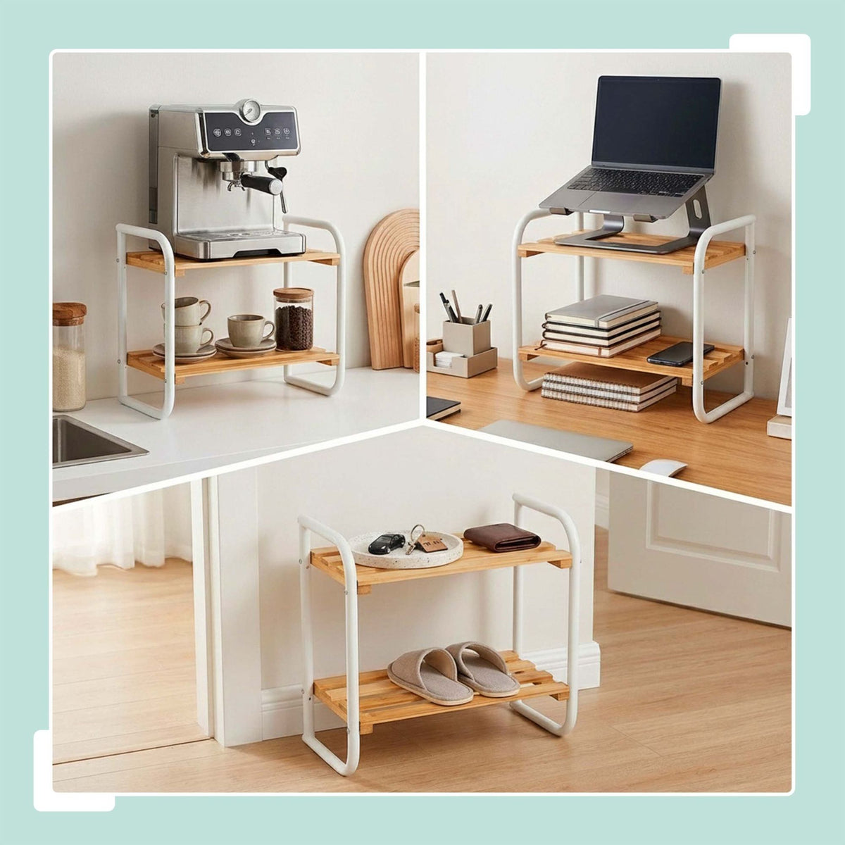 Bamboo & Metal Storage Shelf – Compact, 2-Tier Design