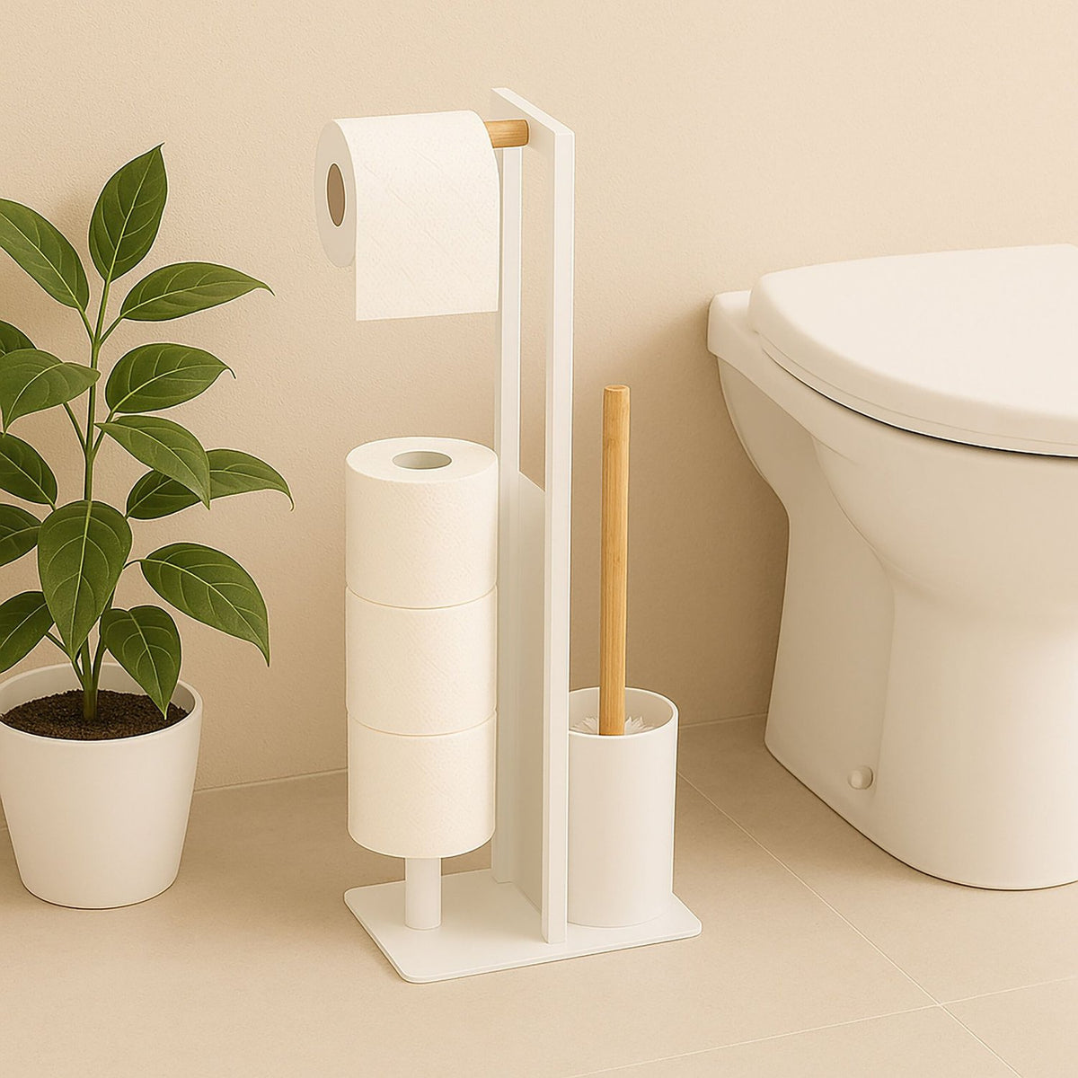 Bamboo & Metal Toilet Roll Holder Set – Freestanding