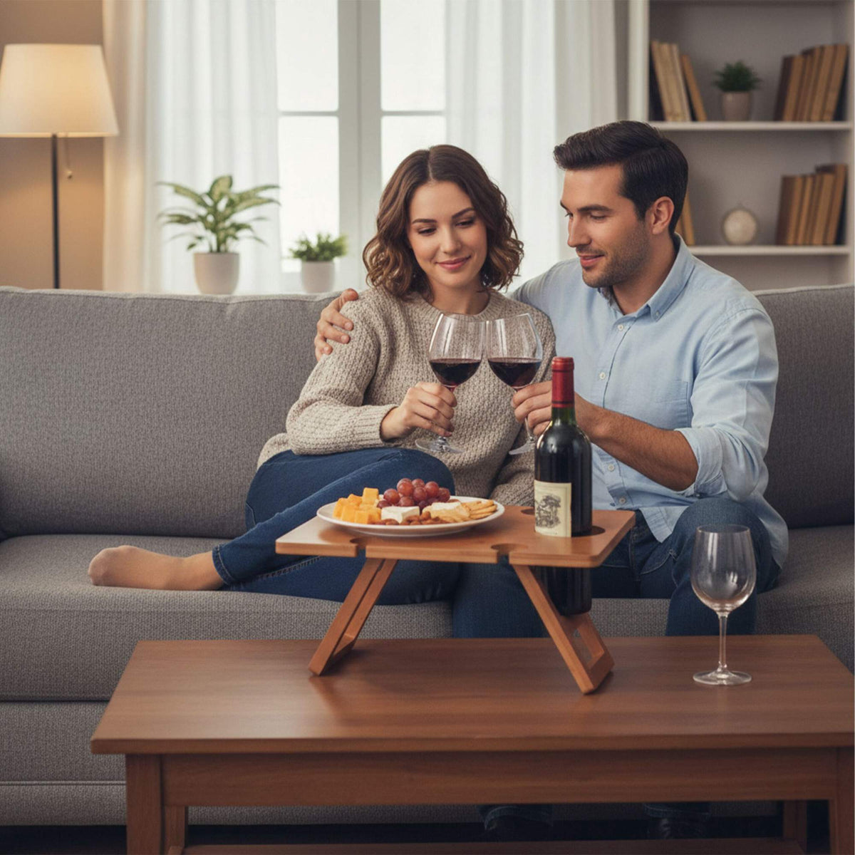 Bamboo Picnic Wine Tray with Glass and Bottle Holders