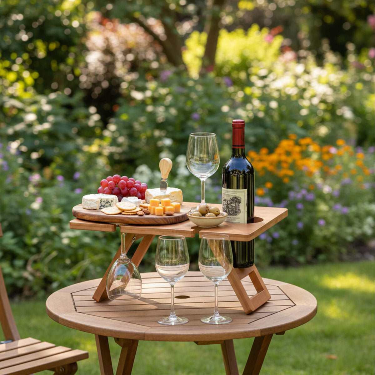 Bamboo Picnic Wine Tray with Glass and Bottle Holders