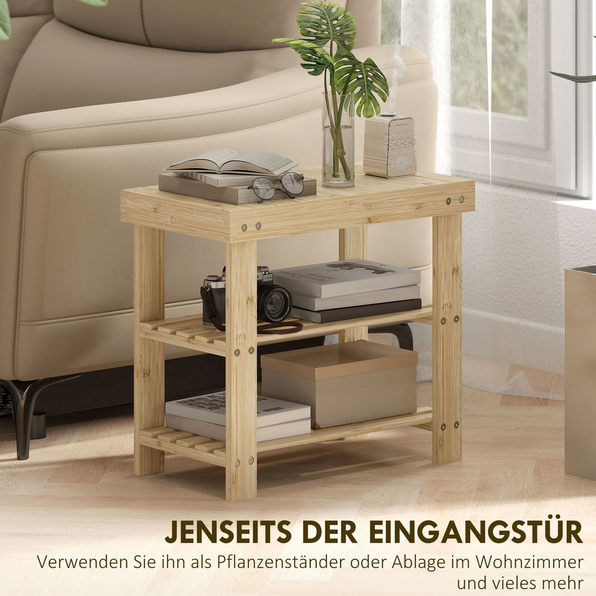 Bamboo Shoe Bench with 2 Shelves, 50x28x45cm, Natural