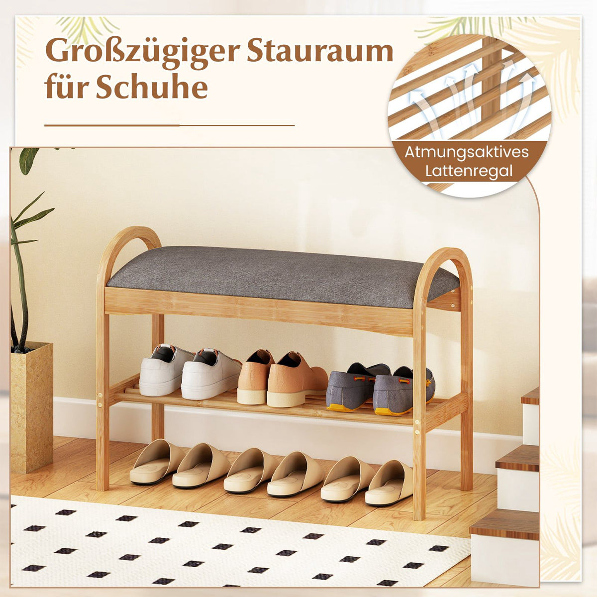 Bamboo Shoe Bench with Cushion, 2-Tier, 70x31.5x51 cm