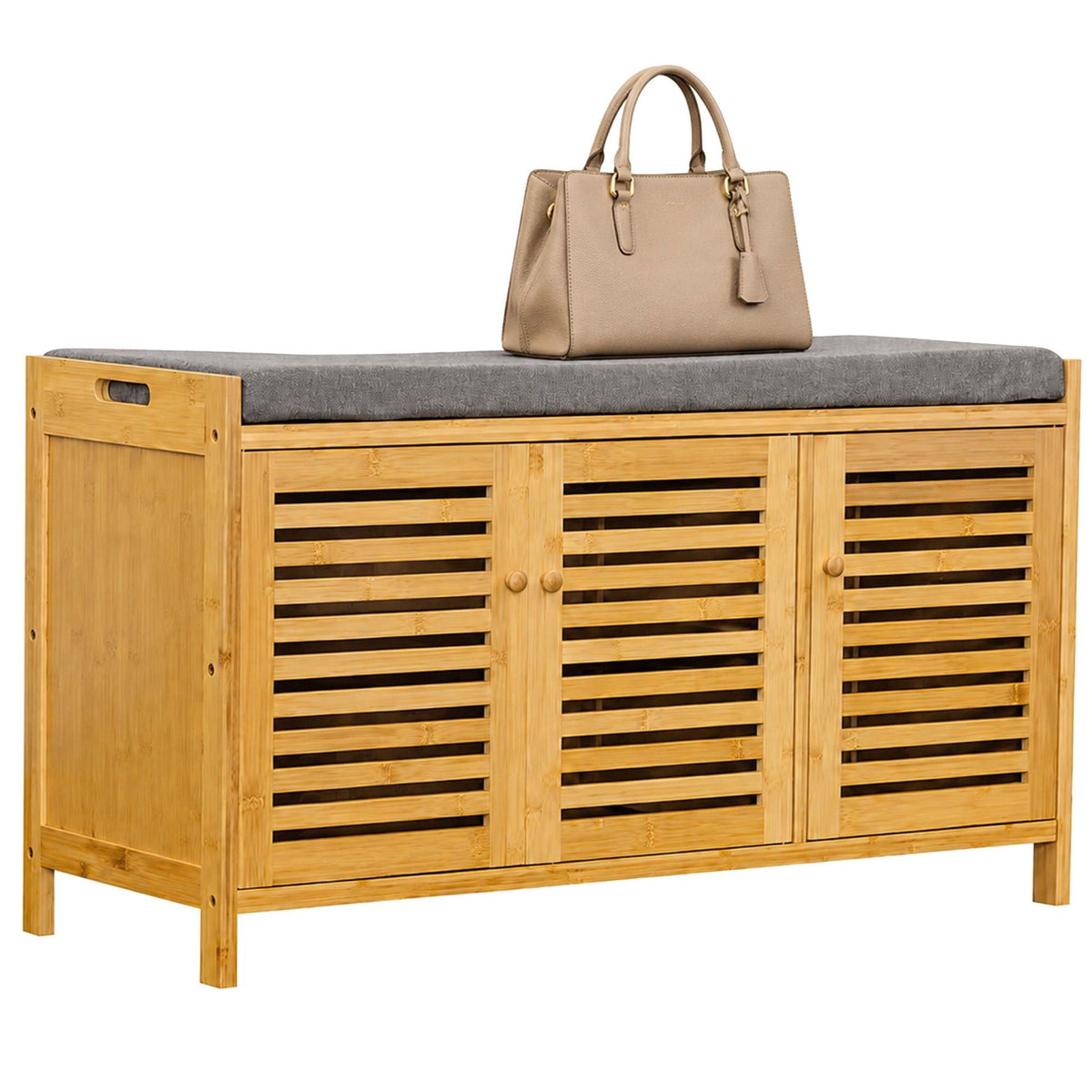 Bamboo Shoe Bench with Padded Seat, 3 Compartments