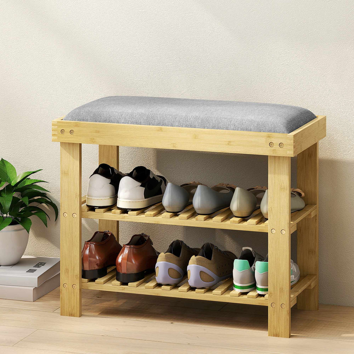 Bamboo Shoe Bench with Storage, 2 Shelves, 60x29x49 cm, Grey