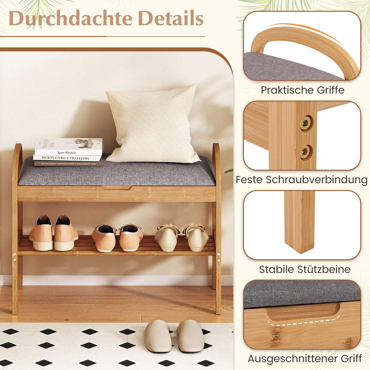 Bamboo Shoe Bench with Storage, Cushion Seat, 2-Tier