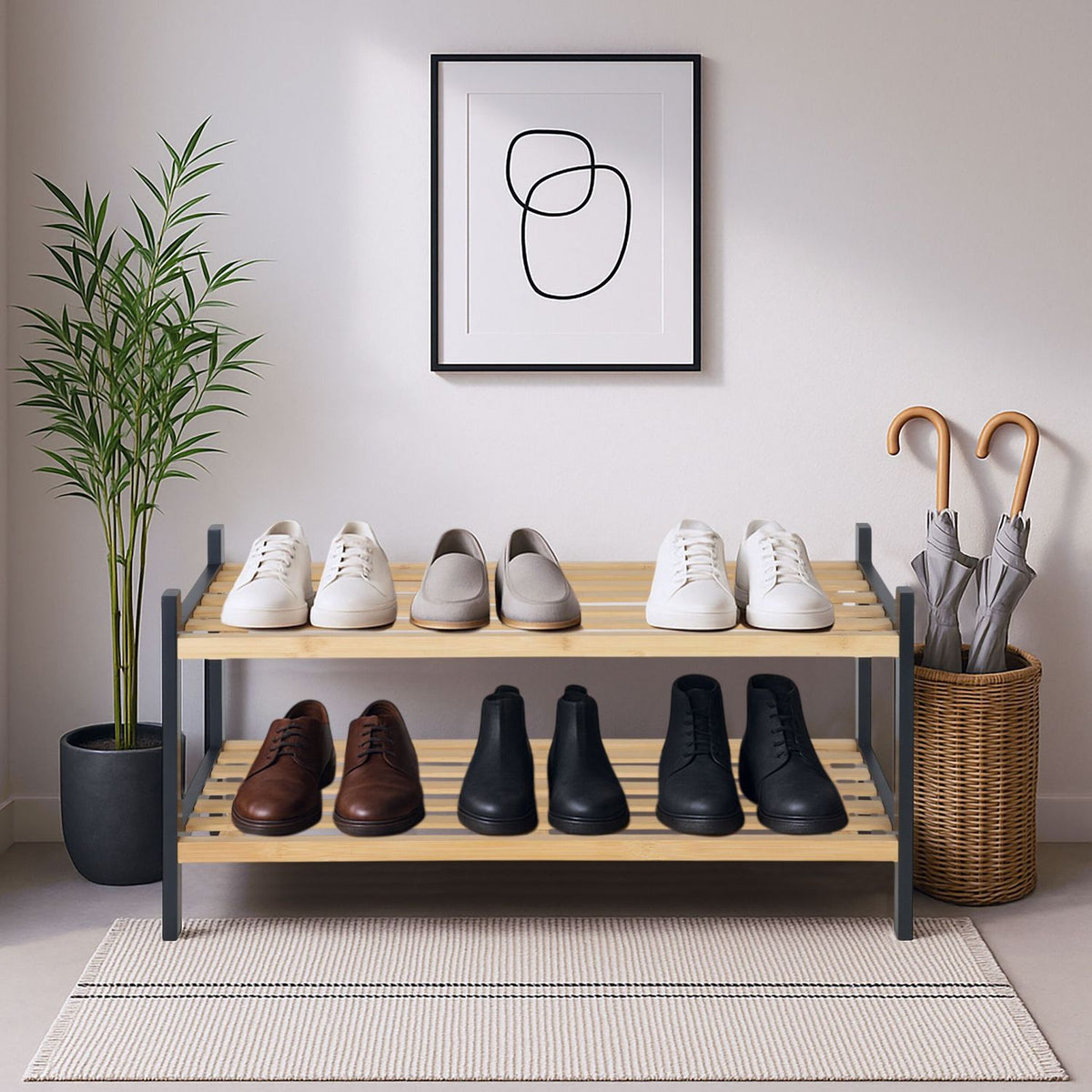 Bamboo Shoe Rack, 2-Tier Storage, Holds 6 Pairs