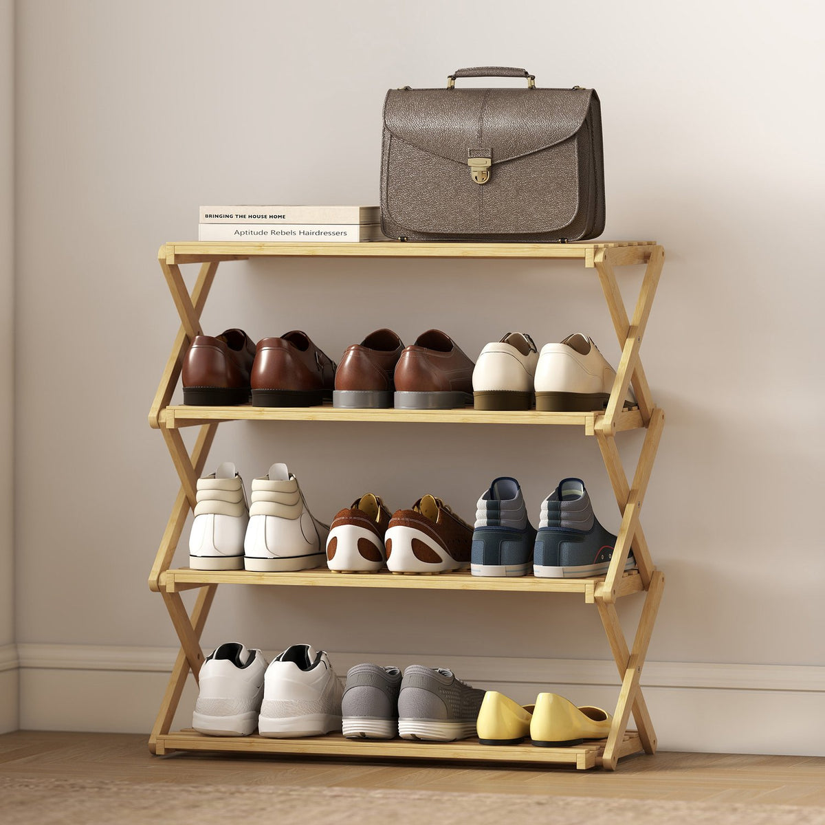 Bamboo Shoe Rack, 4-Tier, Holds 12 Pairs, 60x29x67 cm