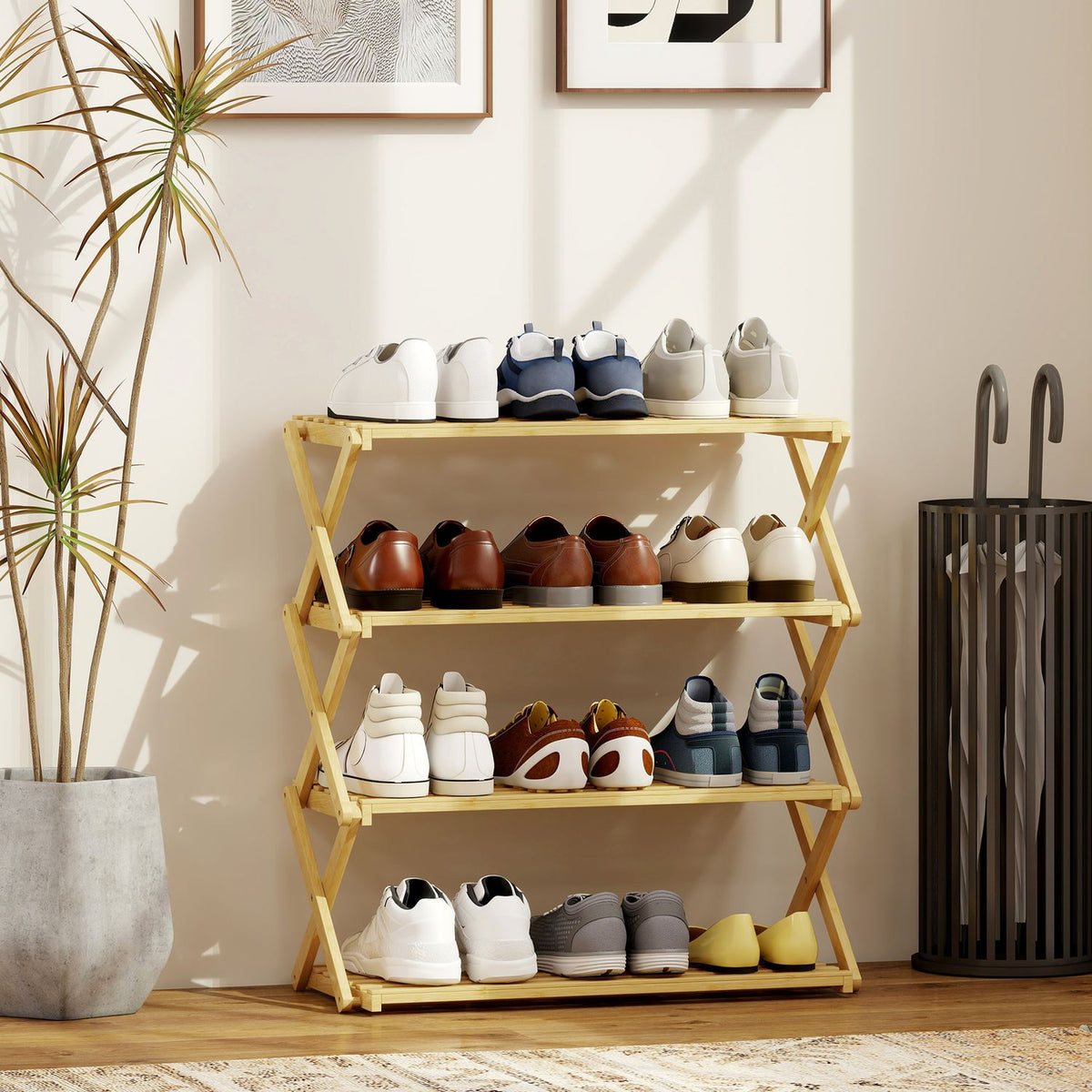 Bamboo Shoe Rack, 4-Tier, Holds 12 Pairs, 60x29x67 cm