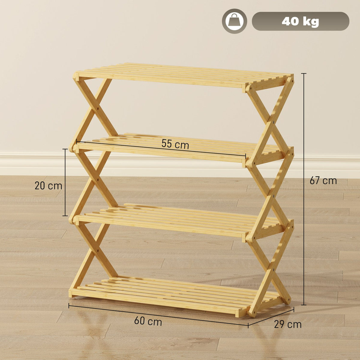 Bamboo Shoe Rack, 4-Tier, Holds 12 Pairs, 60x29x67 cm