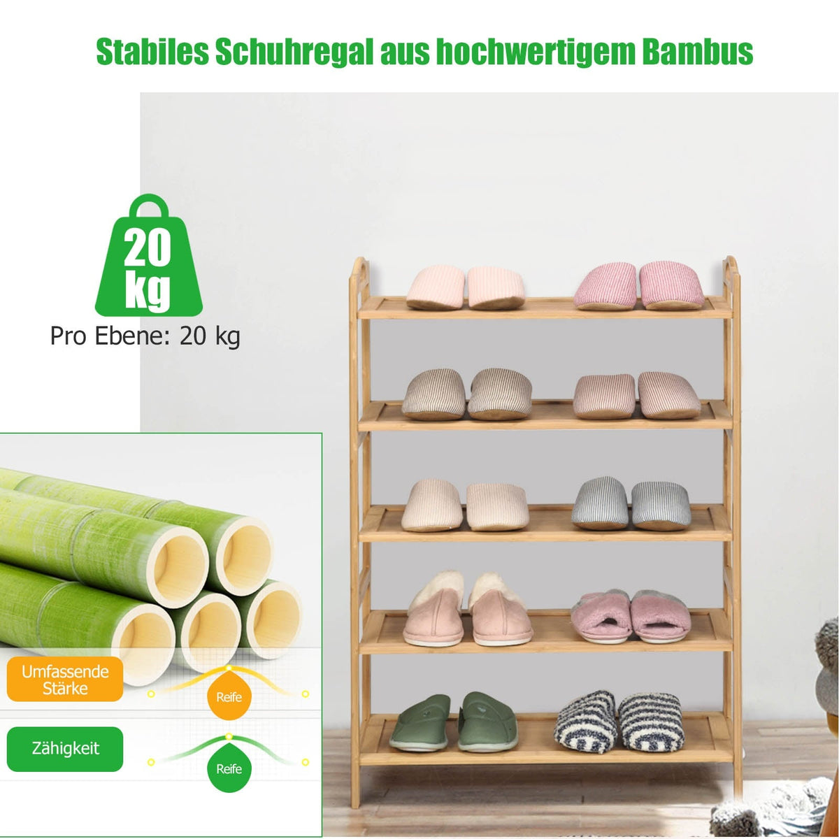 Bamboo Shoe Rack, 5-Tier Storage for 15 Pairs