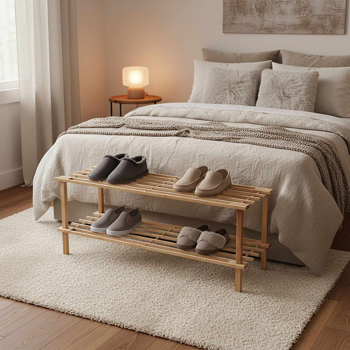 Bamboo Shoe Rack, Space-Saving, Holds 9 Pairs