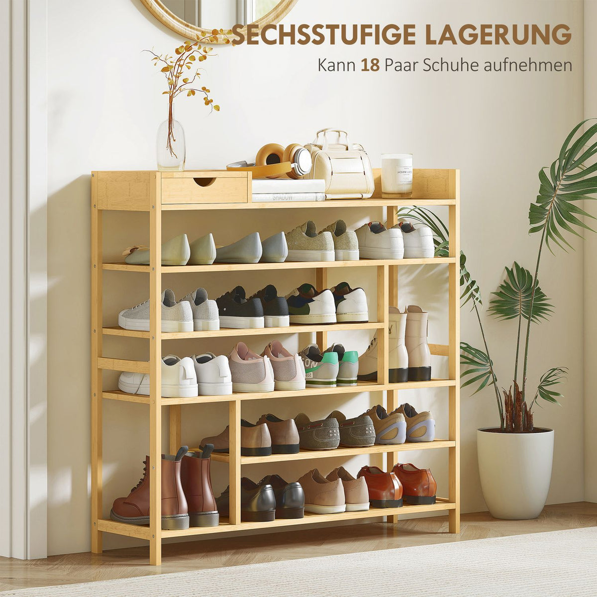 Bamboo Shoe Rack with Drawer, 6 Tiers, Holds 18 Pairs