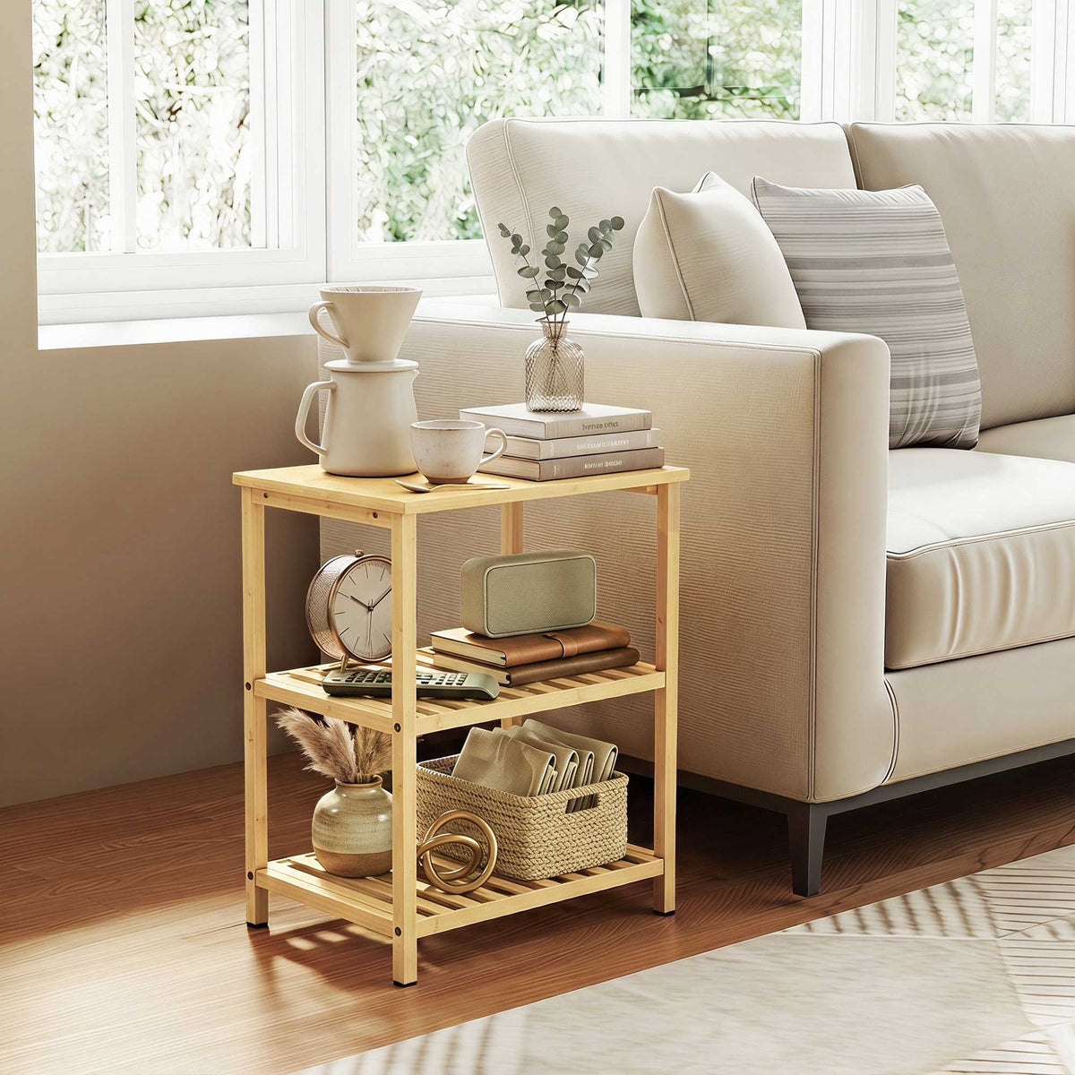 Bamboo Side Table, 3-Tier Slatted Shelves, Natural Finish