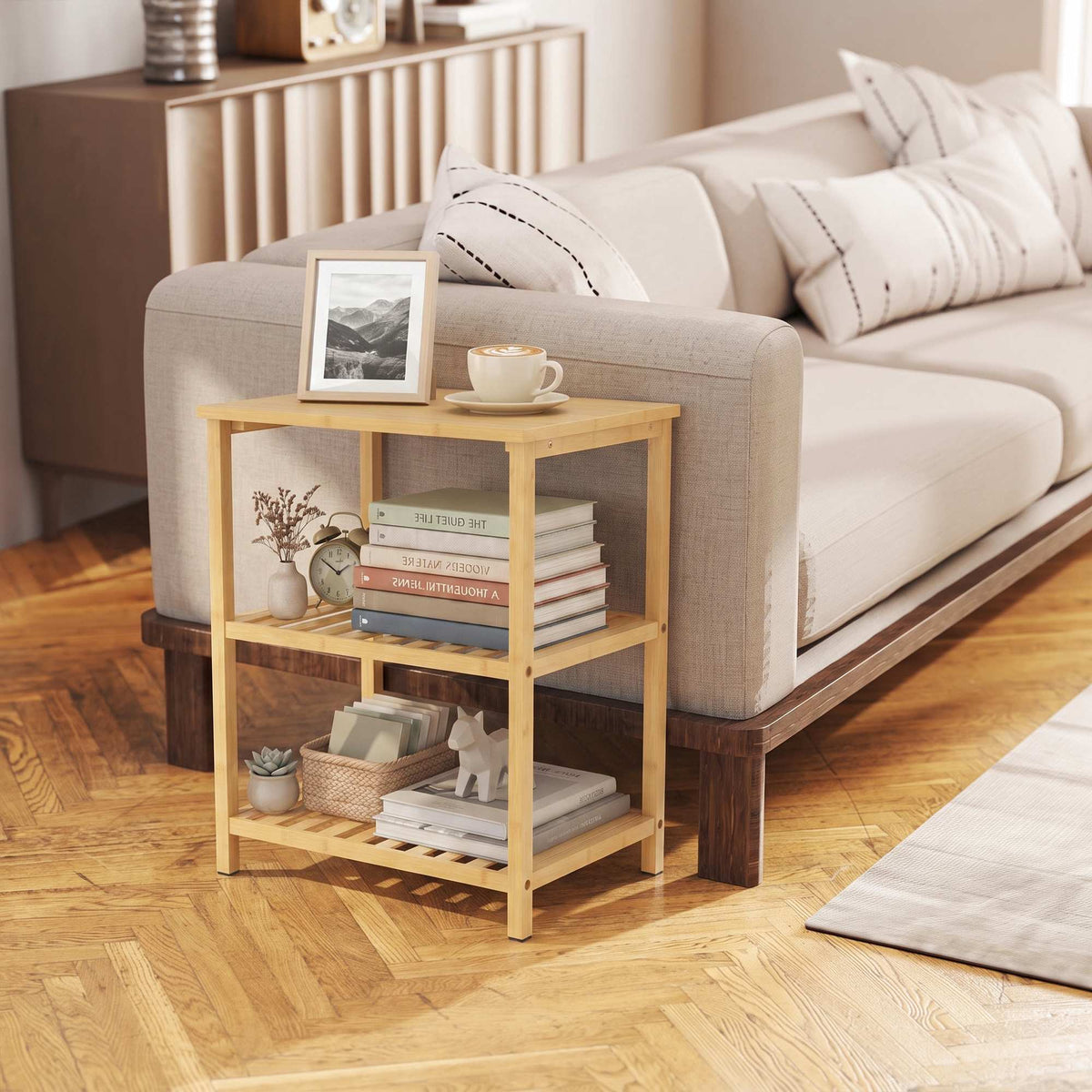 Bamboo Side Table, 3-Tier Slatted Shelves, Natural Finish