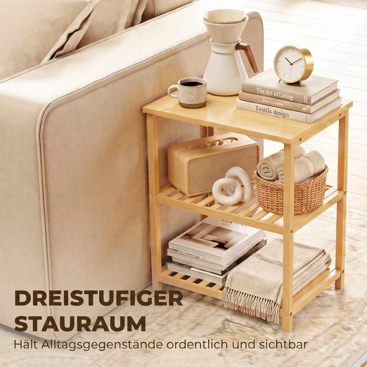 Bamboo Side Table, 3-Tier Slatted Shelves, Natural Finish