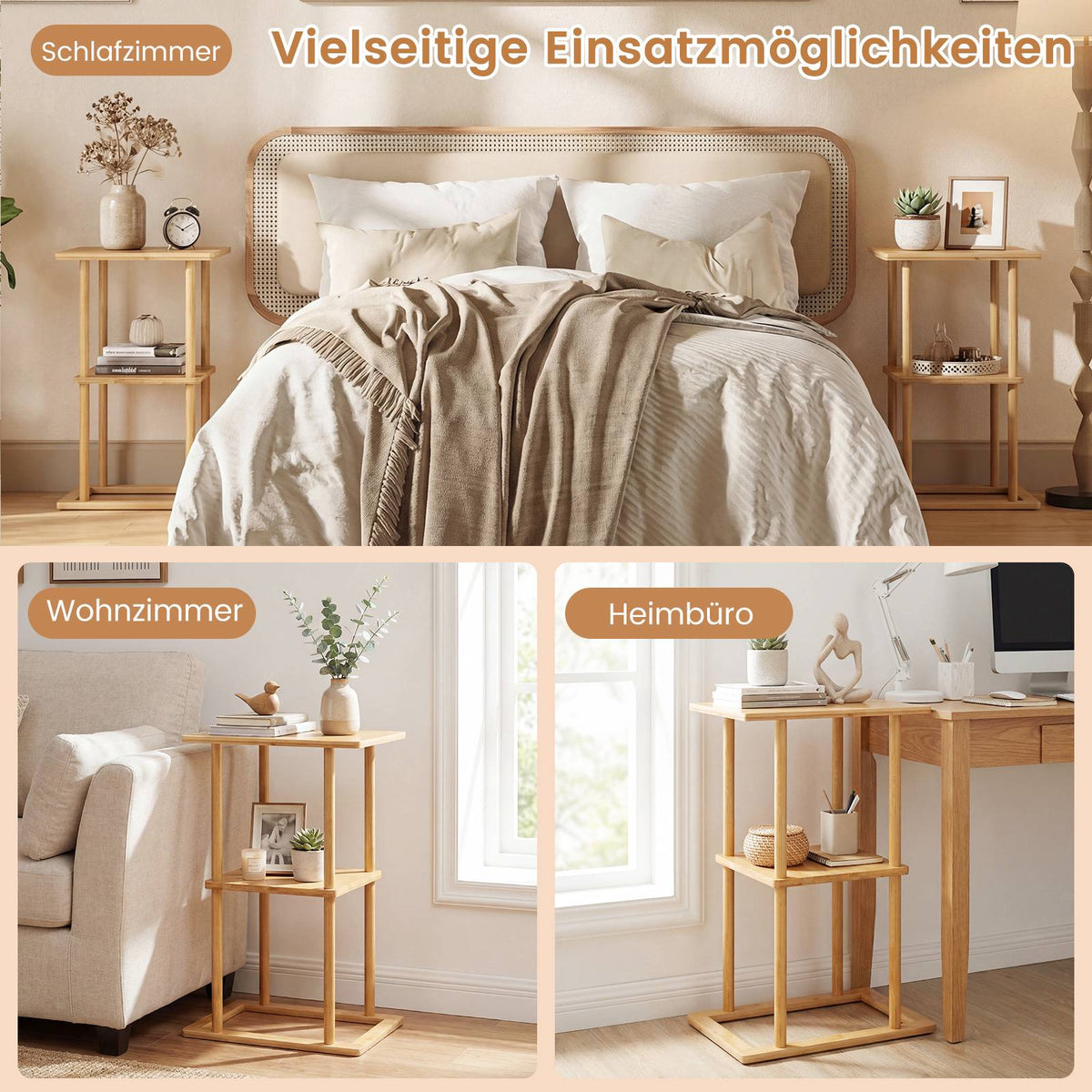 Bamboo Side Table Set with Shelves, 40x28x65 cm