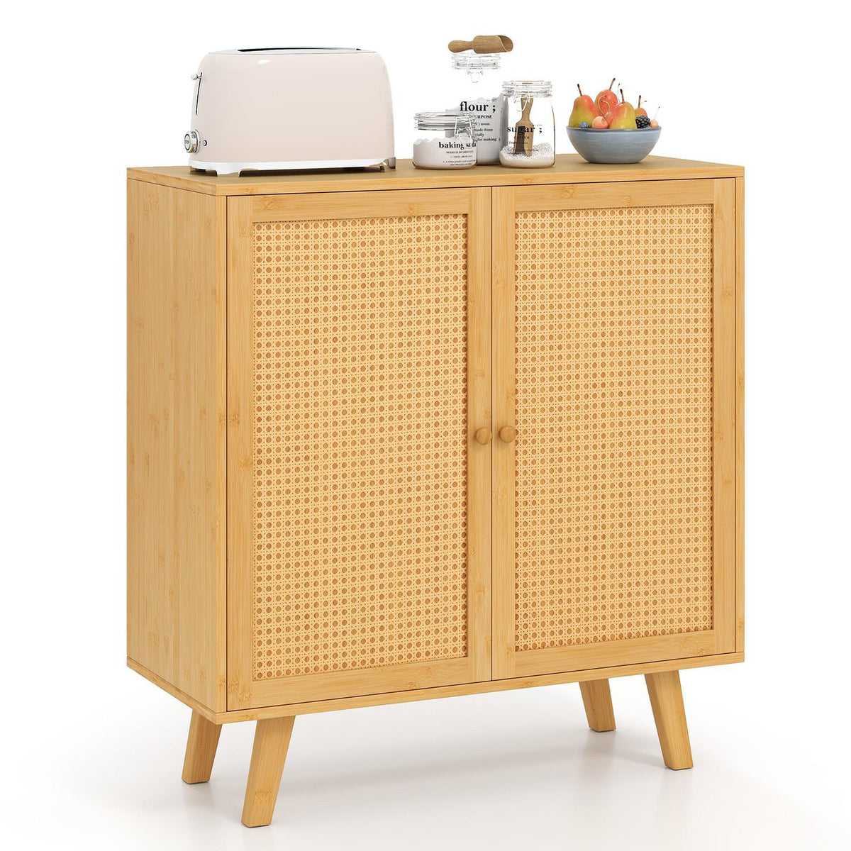 Bamboo Sideboard with 2 Rattan Doors, 80x34.5x85 cm