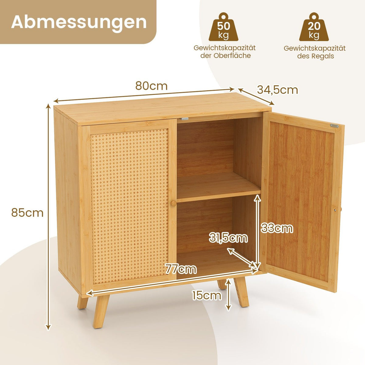 Bamboo Sideboard with 2 Rattan Doors, 80x34.5x85 cm