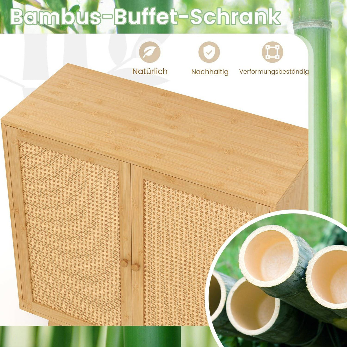 Bamboo Sideboard with 2 Rattan Doors, 80x34.5x85 cm
