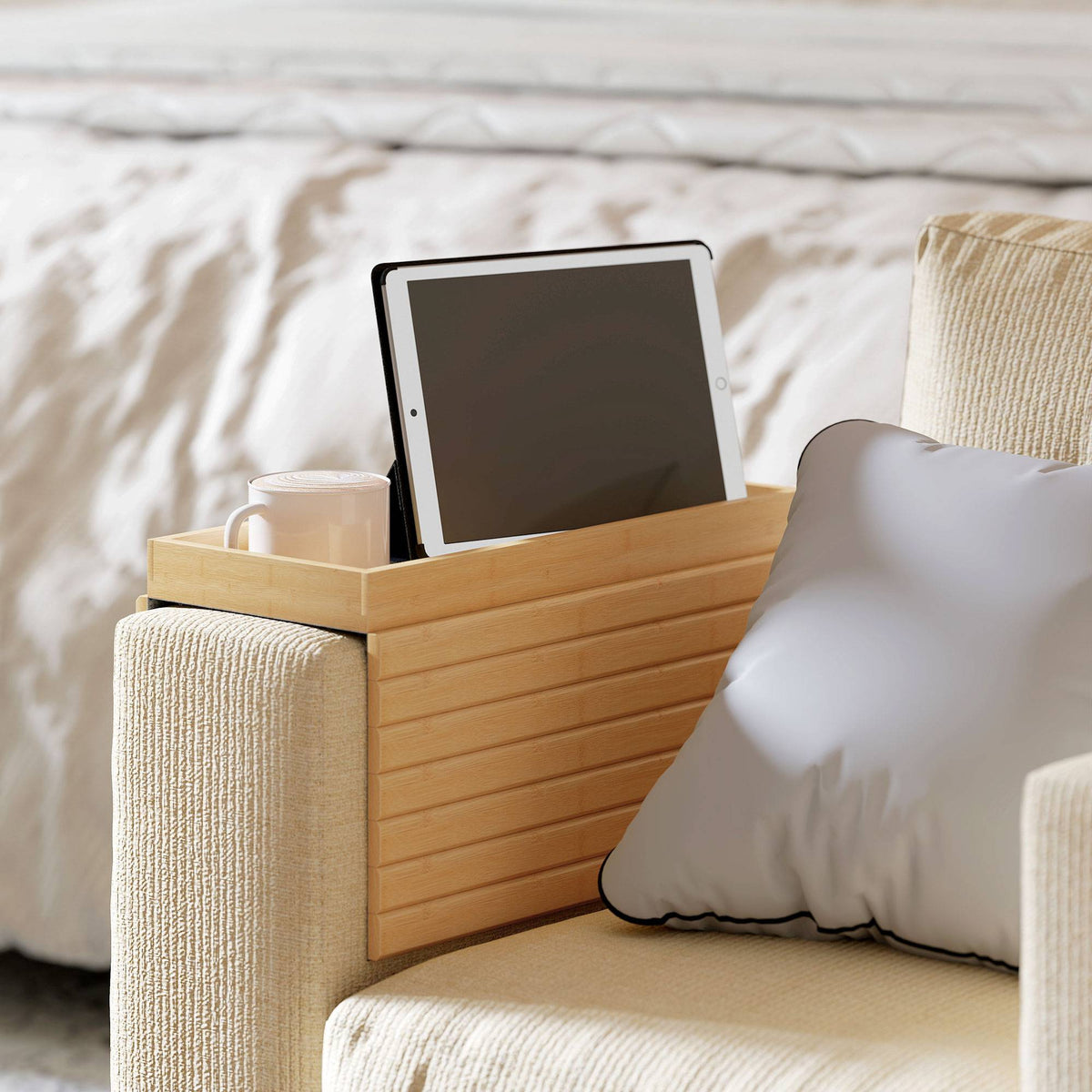 Bamboo Sofa Arm Tray for Drinks, Snacks, Remote Control