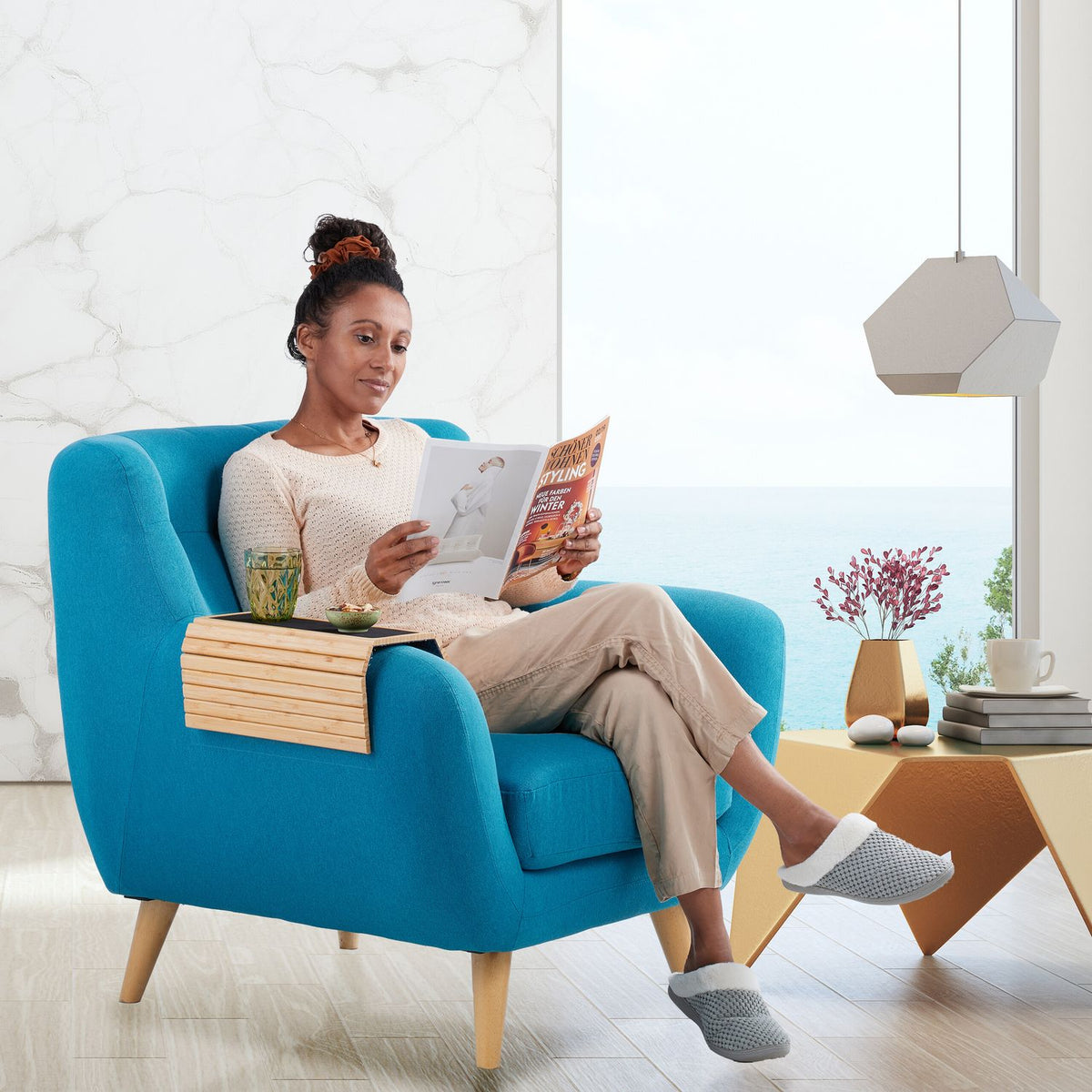 Bamboo Sofa Arm Tray with Non-Slip Pads