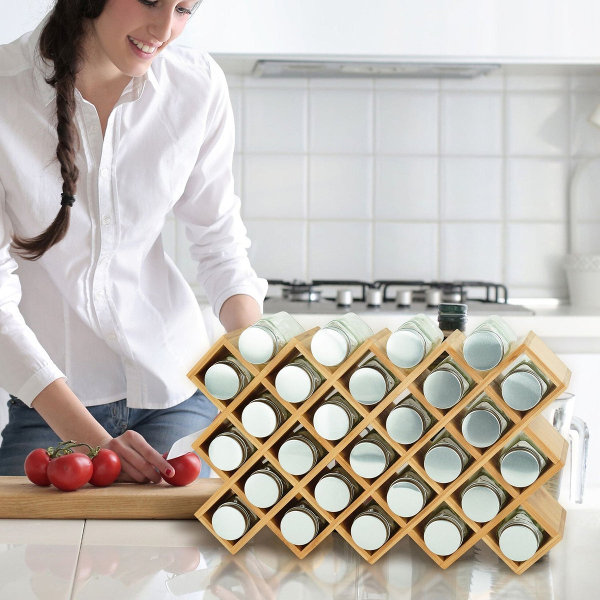 Bamboo Spice Rack with Jars – Kitchen Organizer
