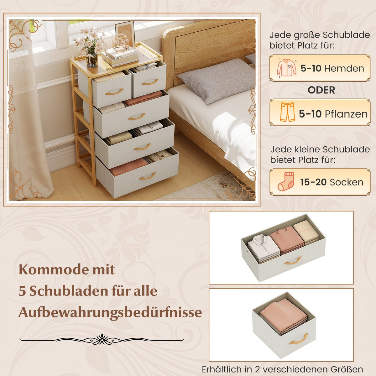 Bamboo Storage Dresser with 5 Fabric Drawers and Shelf