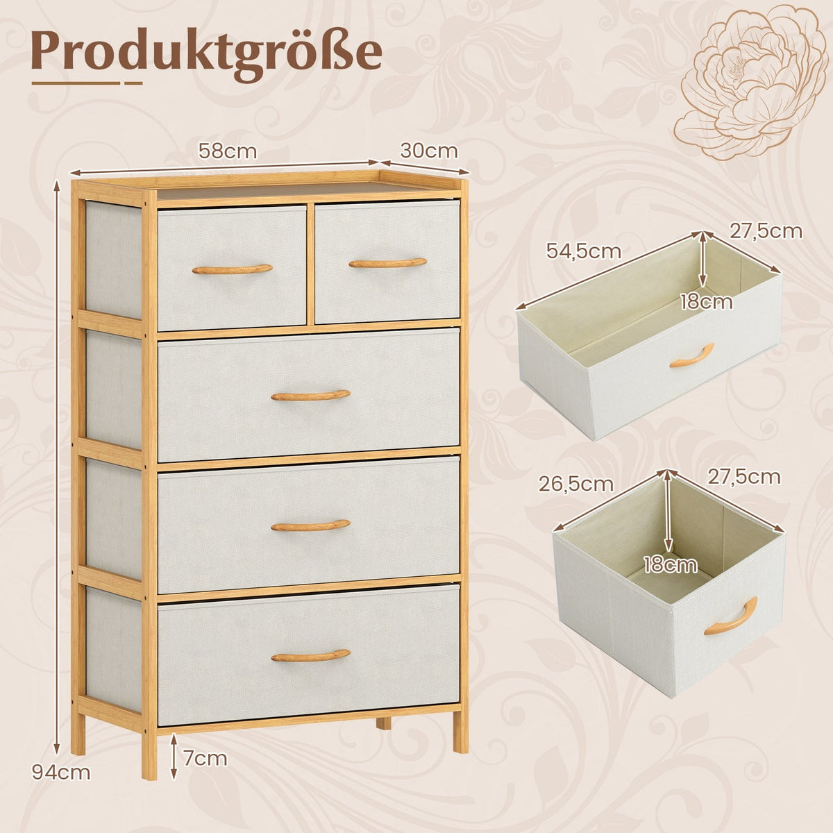 Bamboo Storage Dresser with 5 Fabric Drawers and Shelf