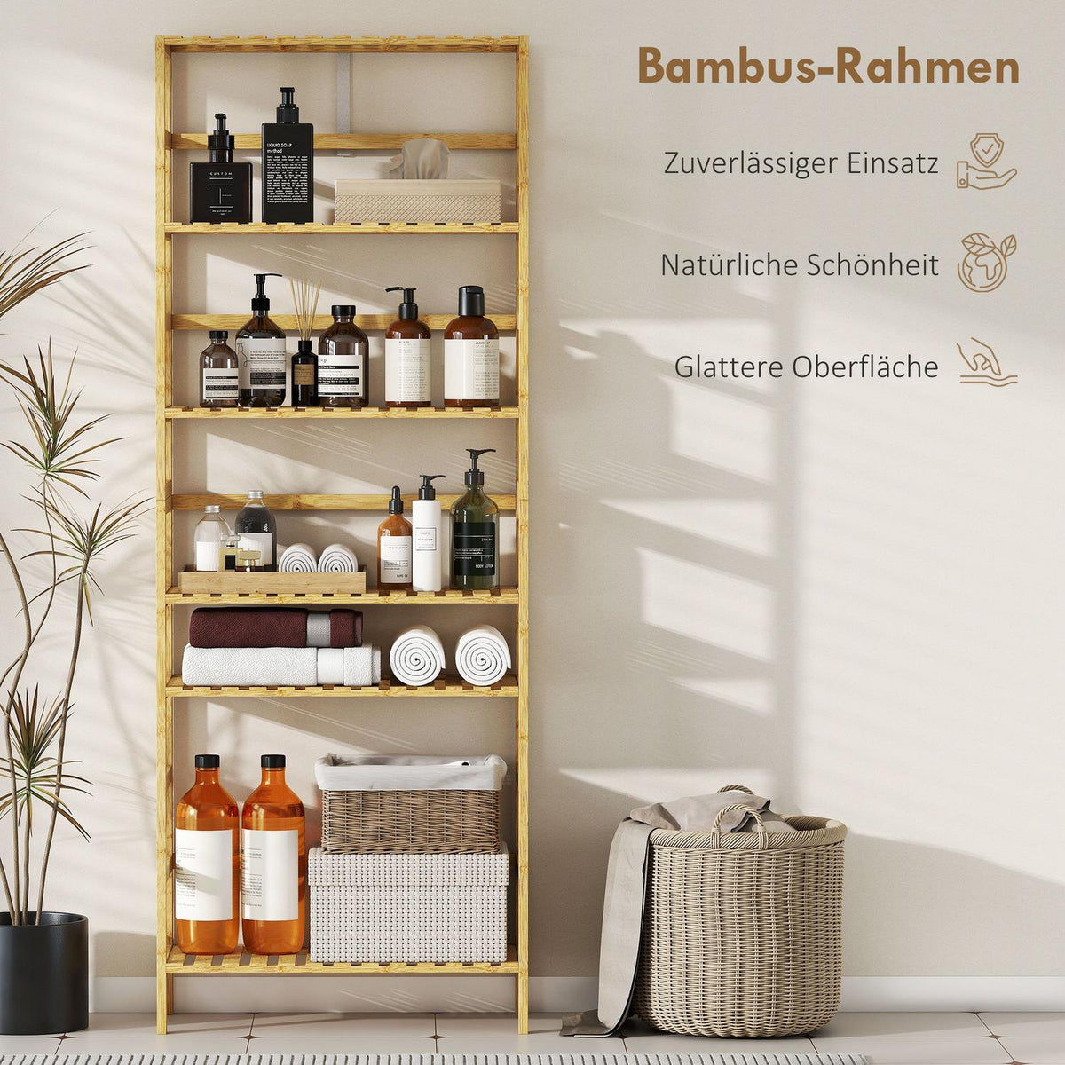 Bamboo Storage Shelf, 6 Adjustable Levels, Freestanding