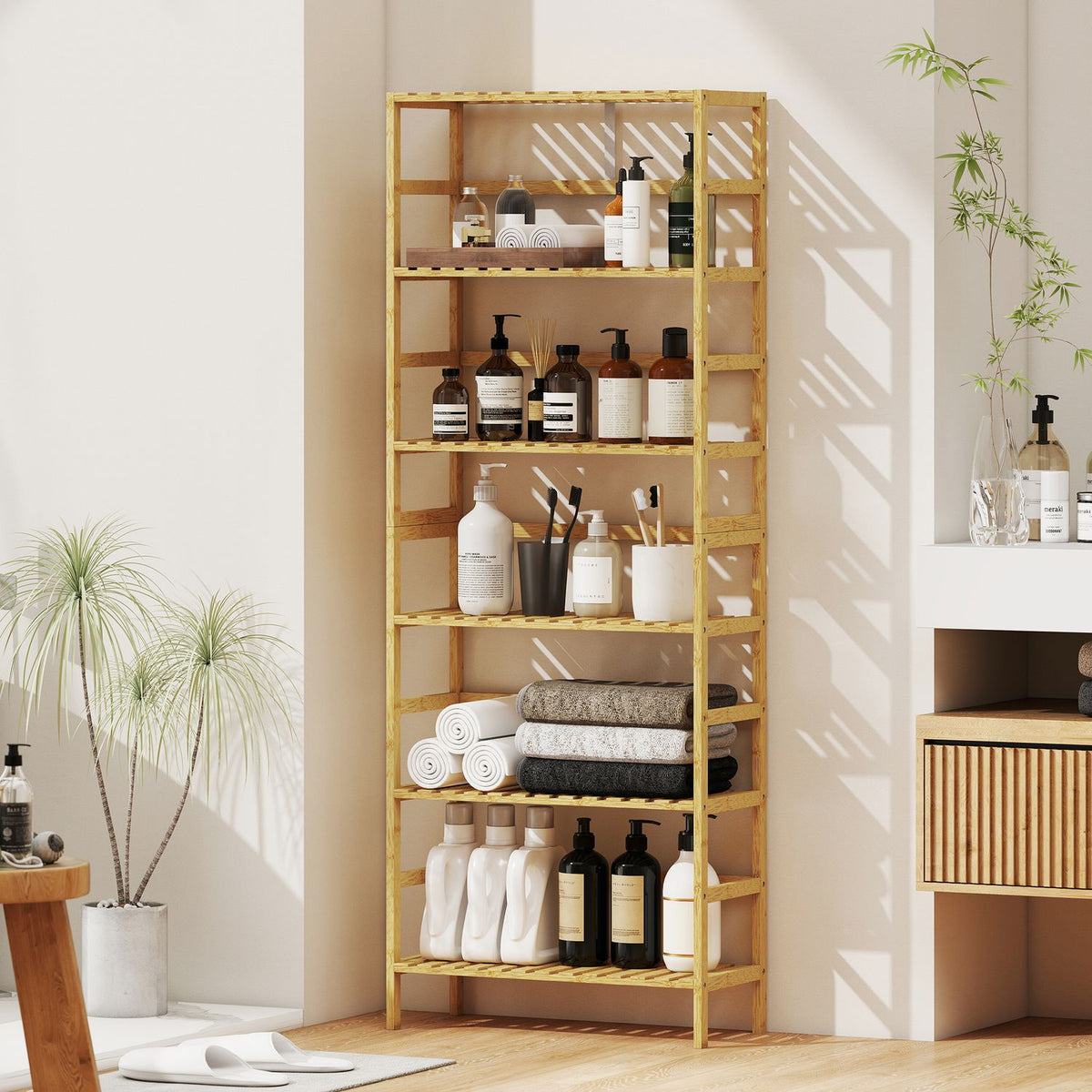 Bamboo Storage Shelf, 6 Adjustable Levels, Freestanding