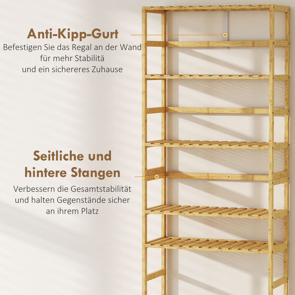 Bamboo Storage Shelf, 6 Adjustable Levels, Freestanding
