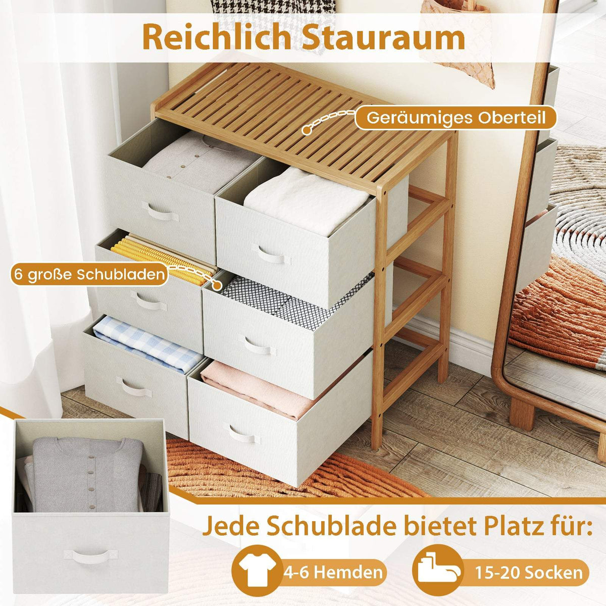 Bamboo Storage Tower with 6 Fabric Drawers & Shelf