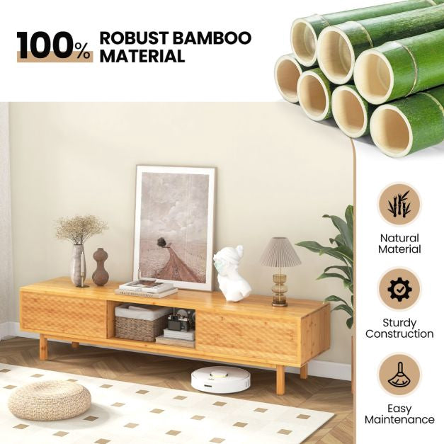 Bamboo TV Stand 63 Inch, Sliding Doors, Cable Hole