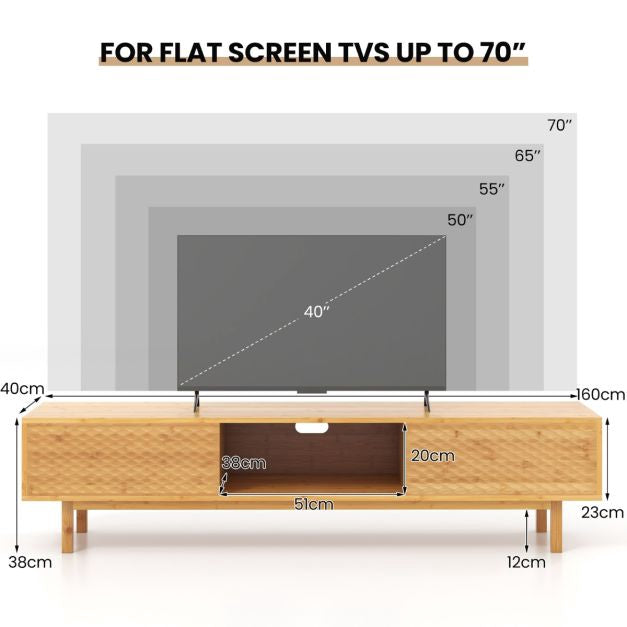 Bamboo TV Stand 63 Inch, Sliding Doors, Cable Hole