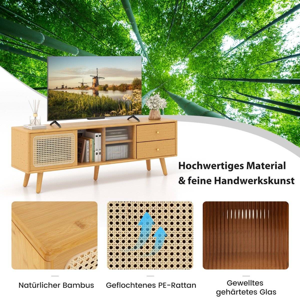 Bamboo TV stand for TVs up to 65 "TV console in mid-century modern style 140 x 31 x 45.5 cm natural