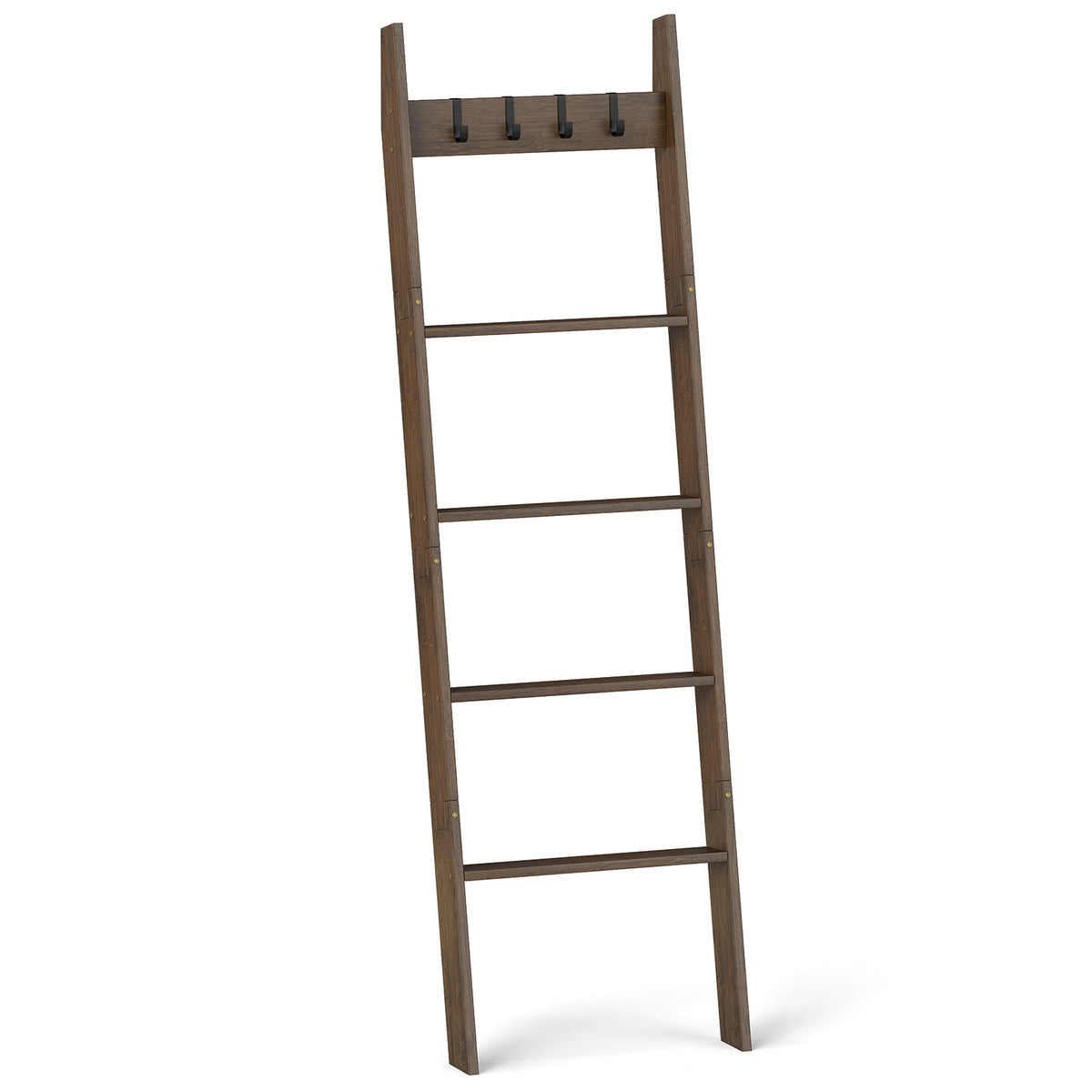 Bamboo Towel Ladder with 4 Hooks & 5 Rungs, Anti-Tip