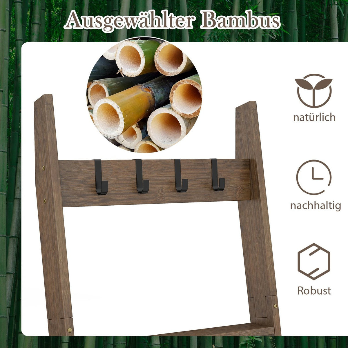 Bamboo Towel Ladder with 4 Hooks & 5 Rungs, Anti-Tip