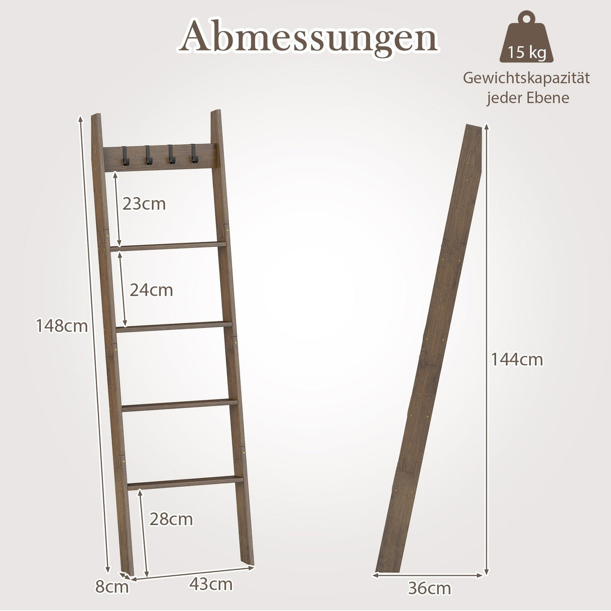 Bamboo Towel Ladder with 4 Hooks & 5 Rungs, Anti-Tip