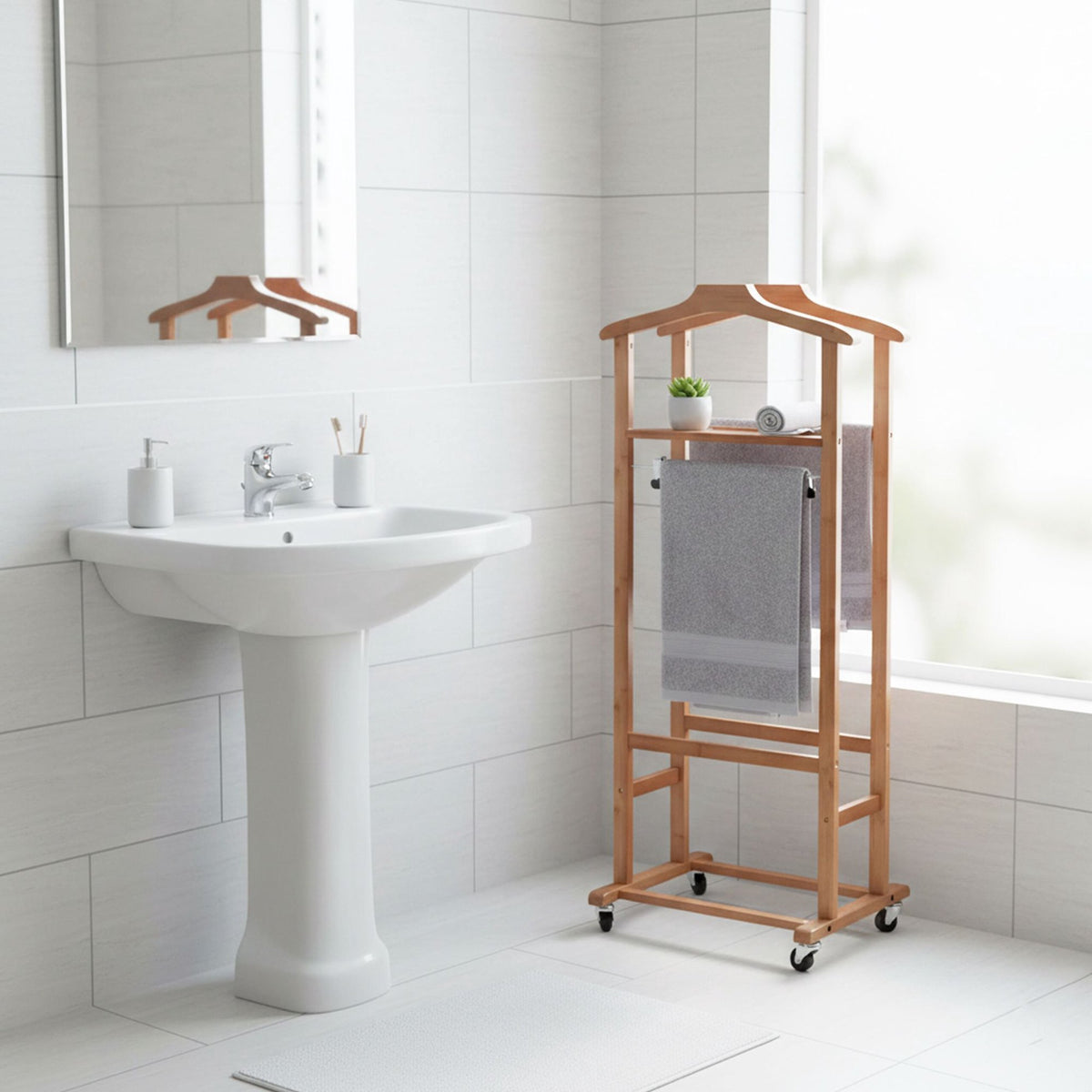 Bamboo Valet Stand with Hangers and Castors